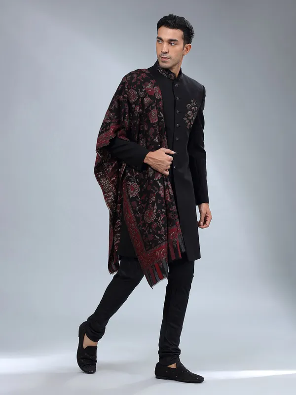 Black terry rayon textured sherwani form men