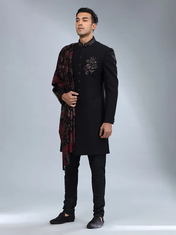 Black terry rayon textured sherwani form men
