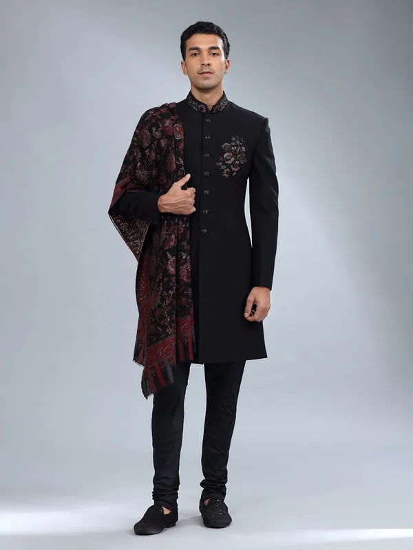 Black terry rayon textured sherwani form men
