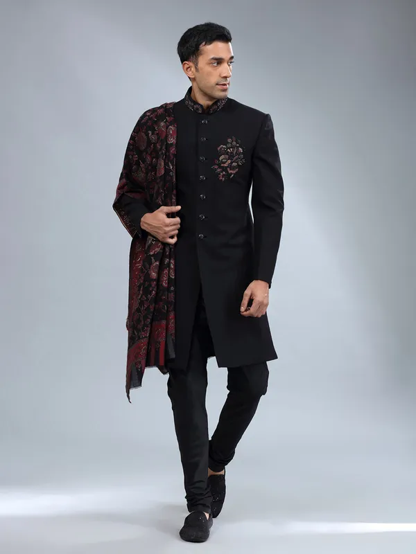 Black terry rayon textured sherwani form men