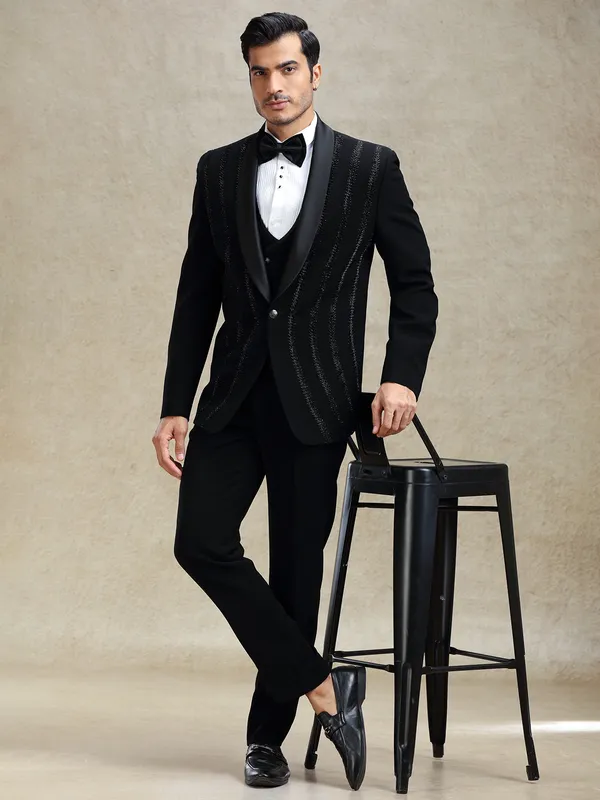 Black terry rayon tuxedo suit in crystal work