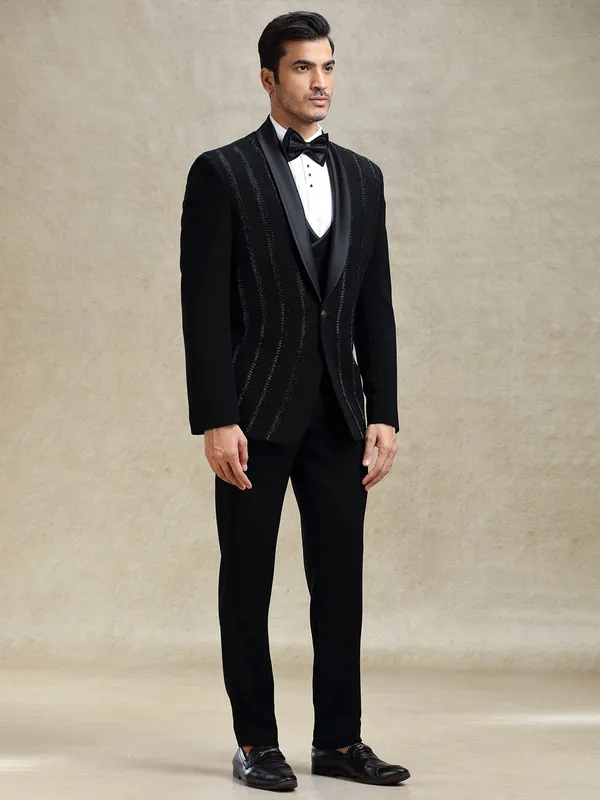 Black terry rayon tuxedo suit in crystal work