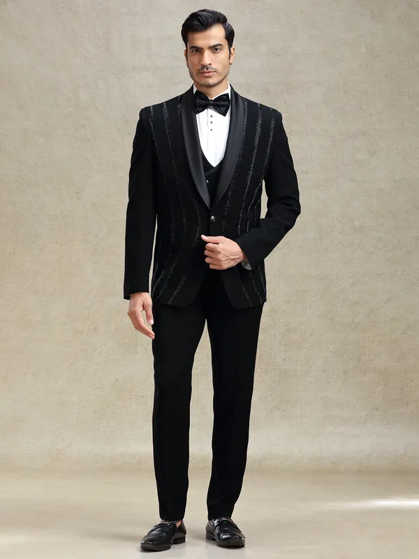 Black terry rayon tuxedo suit in crystal work
