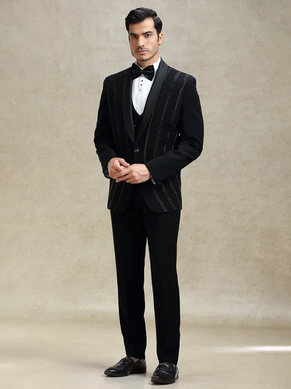 Black terry rayon tuxedo suit in crystal work