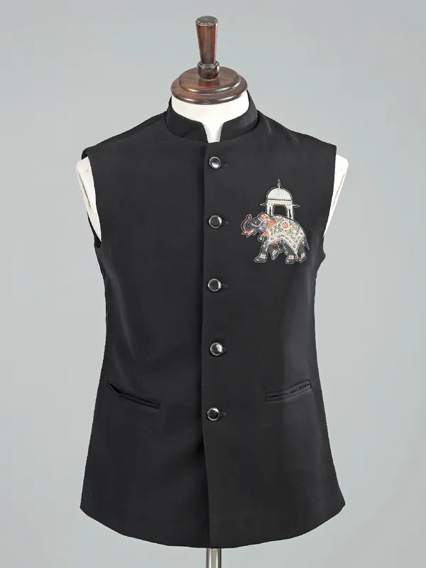 Black terry rayon waistcoat for wedding wear