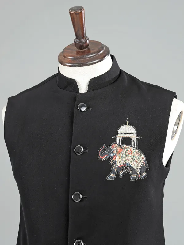 Black terry rayon waistcoat for wedding wear