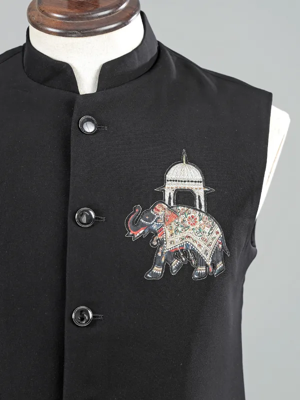 Black terry rayon waistcoat for wedding wear
