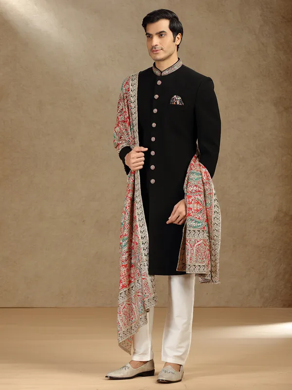 Black terry rayon wedding wear indo western with Dupatta