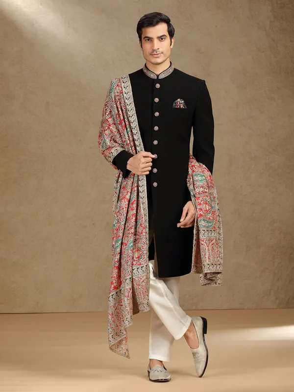 Black terry rayon wedding wear indo western with Dupatta