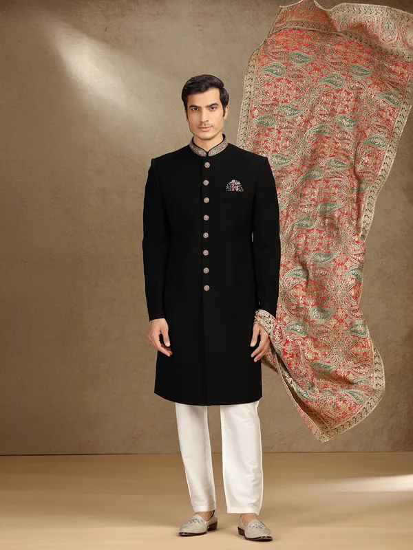 Black terry rayon wedding wear indo western with Dupatta