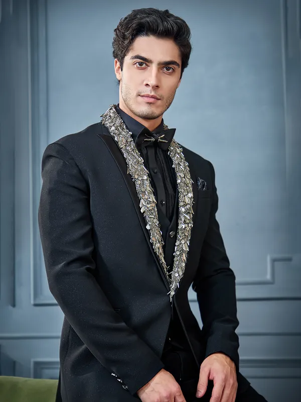 Black terry rayon zari weaved tuxedo suit