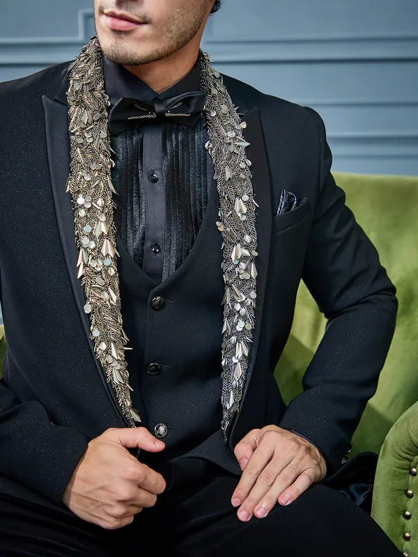 Black terry rayon zari weaved tuxedo suit