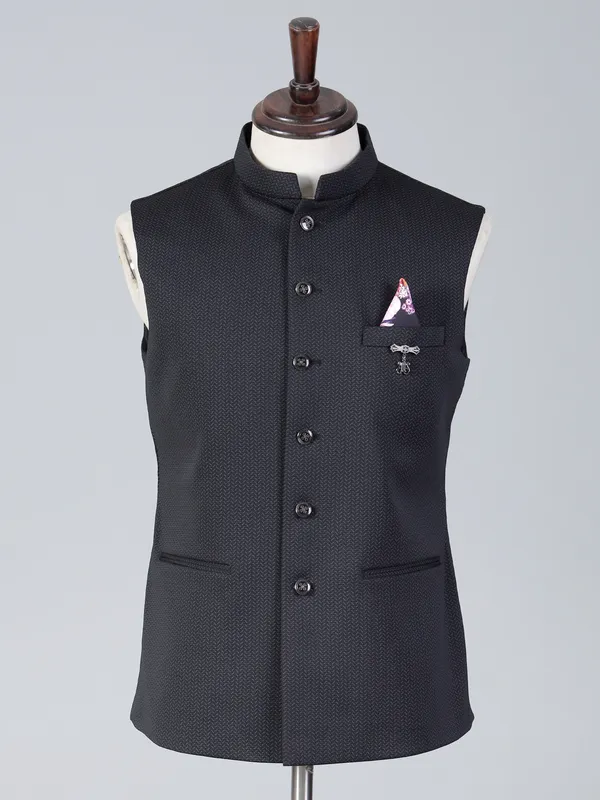 Black textured cotton silk men waistcoat