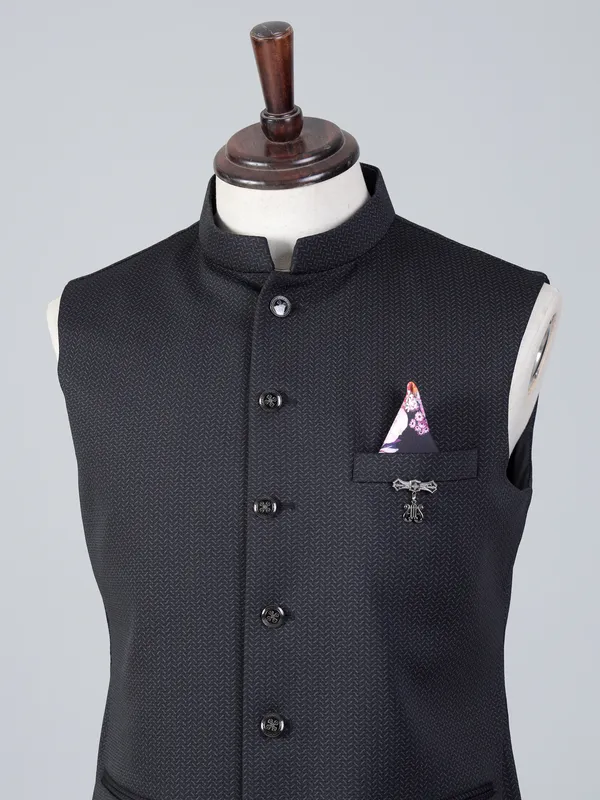 Black textured cotton silk men waistcoat