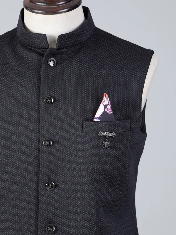 Black textured cotton silk men waistcoat