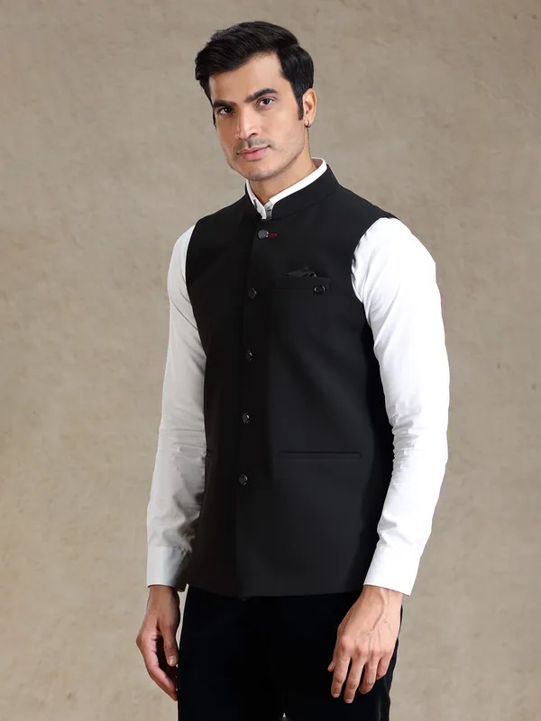 Black textured nehru jacket for men