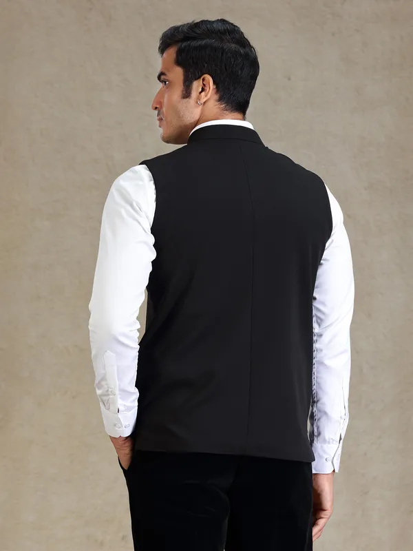 Black textured nehru jacket for men