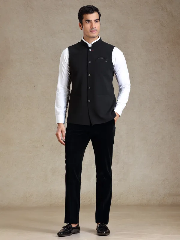 Black textured nehru jacket for men