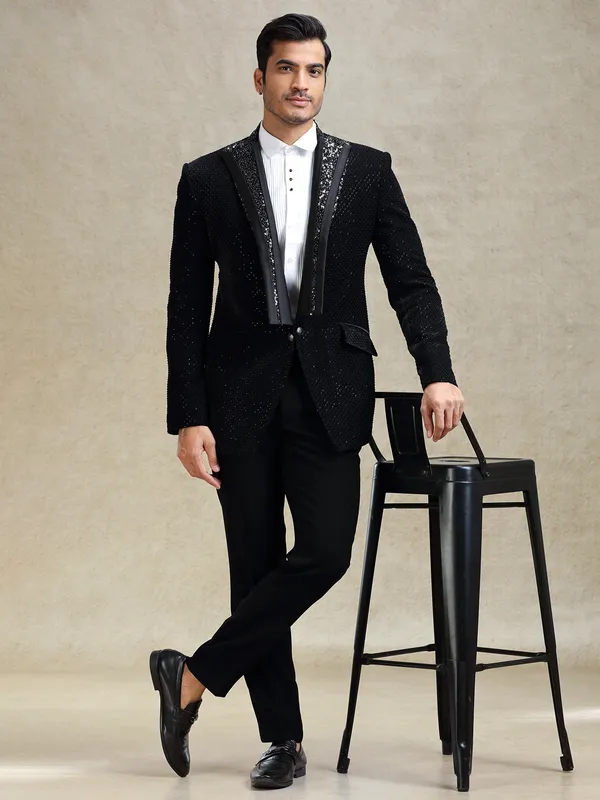 Black textured terry rayon coat suit for cocktail party