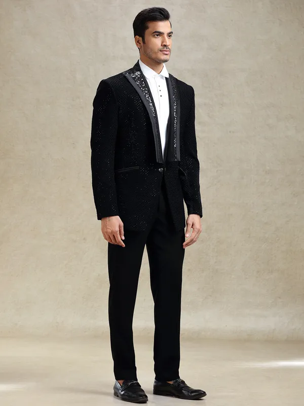 Black textured terry rayon coat suit for cocktail party