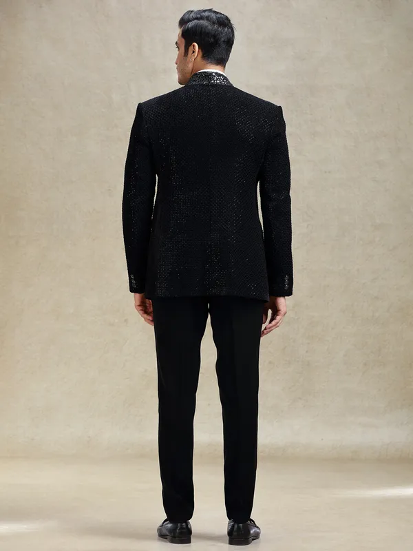 Black textured terry rayon coat suit for cocktail party
