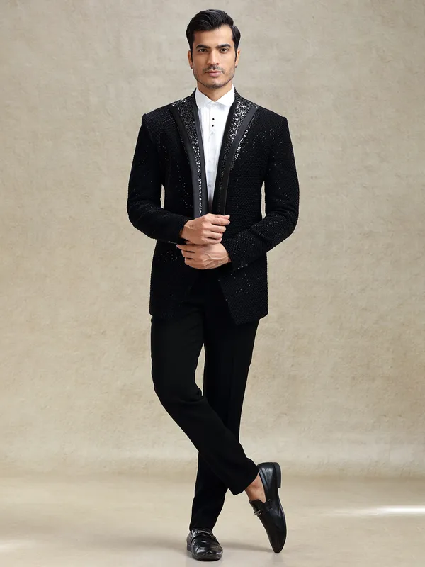 Black textured terry rayon coat suit for cocktail party