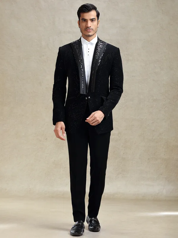 Black textured terry rayon coat suit for cocktail party