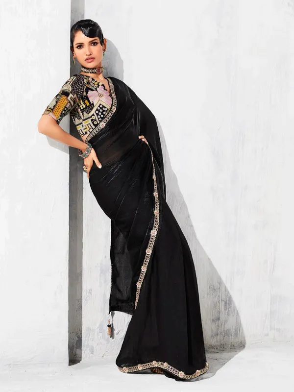 Black tissue silk saree with classic resham detailing