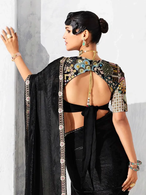 Black tissue silk saree with classic resham detailing