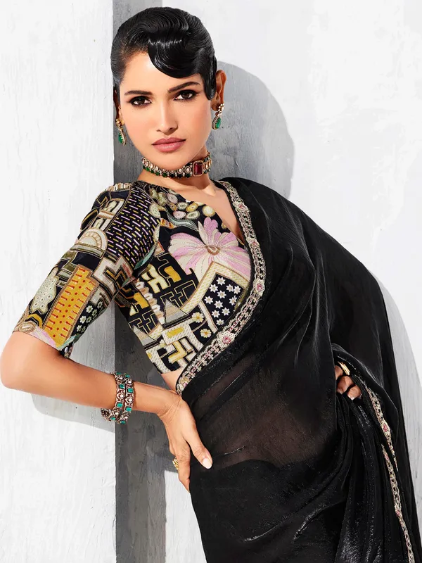 Black tissue silk saree with classic resham detailing