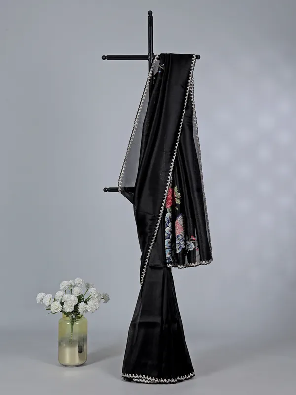 Black tissue silk saree with peacock design