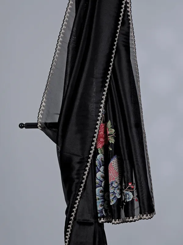 Black tissue silk saree with peacock design