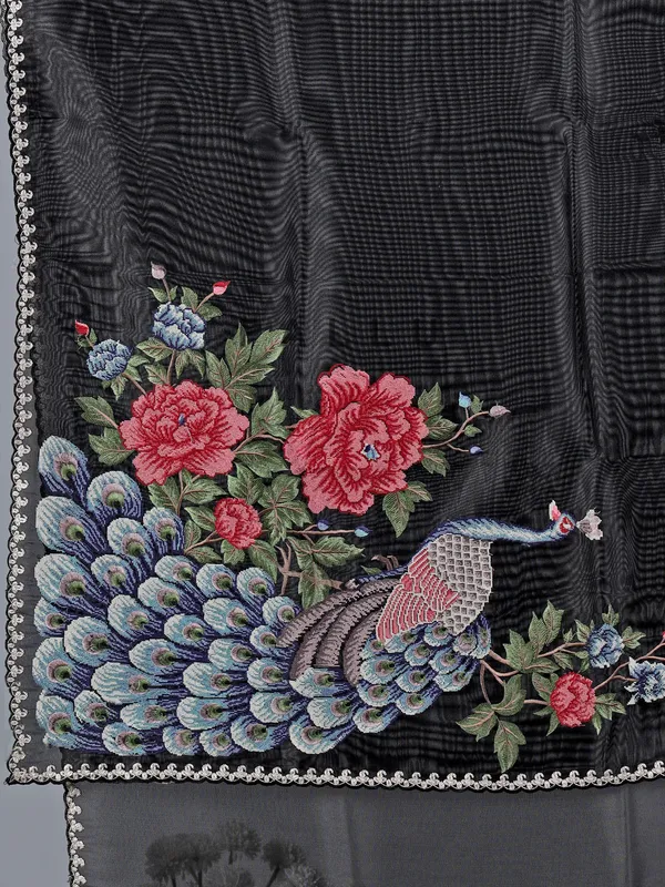 Black tissue silk saree with peacock design