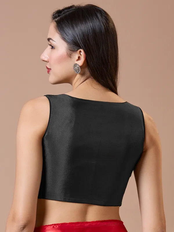 Black U neck ready made blouse in silk