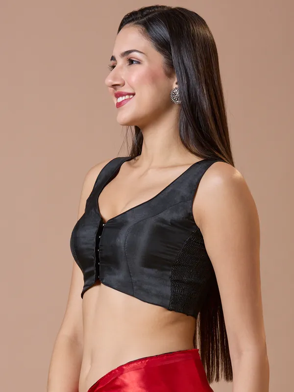 Black U neck ready made blouse in silk