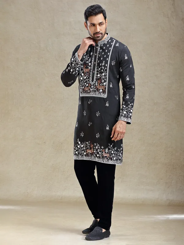Black unique embroidery pattern kurta pajama set