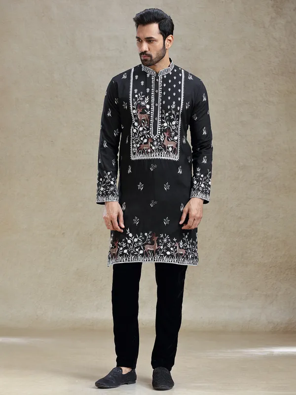 Black unique embroidery pattern kurta pajama set