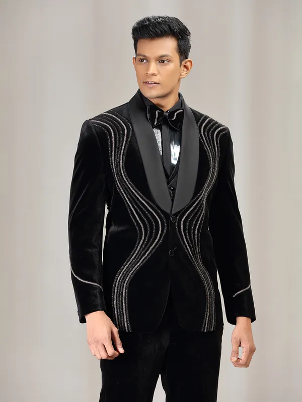 Black velvet coat suit with bead and diamond embellishment