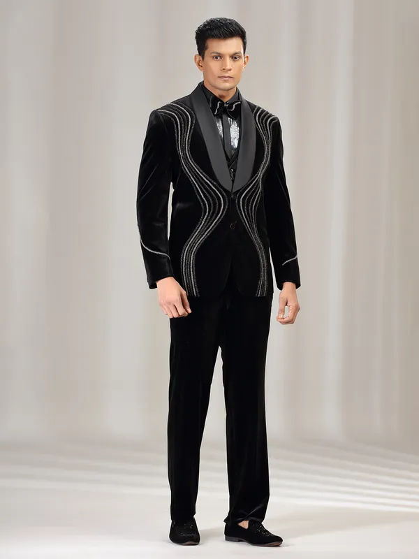 Black velvet coat suit with bead and diamond embellishment