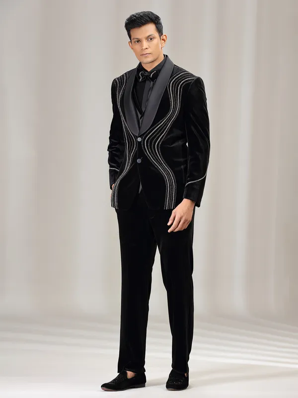 Black velvet coat suit with bead and diamond embellishment