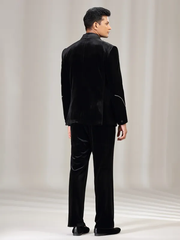 Black velvet coat suit with bead and diamond embellishment