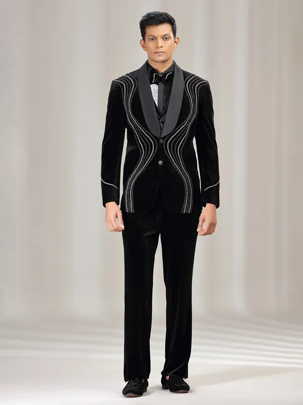 Black velvet coat suit with bead and diamond embellishment