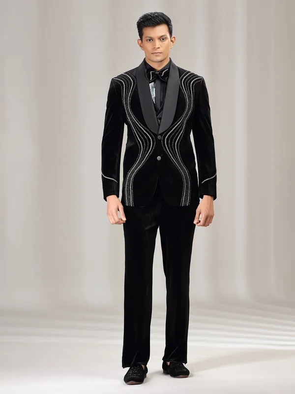 Black velvet coat suit with bead and diamond embellishment
