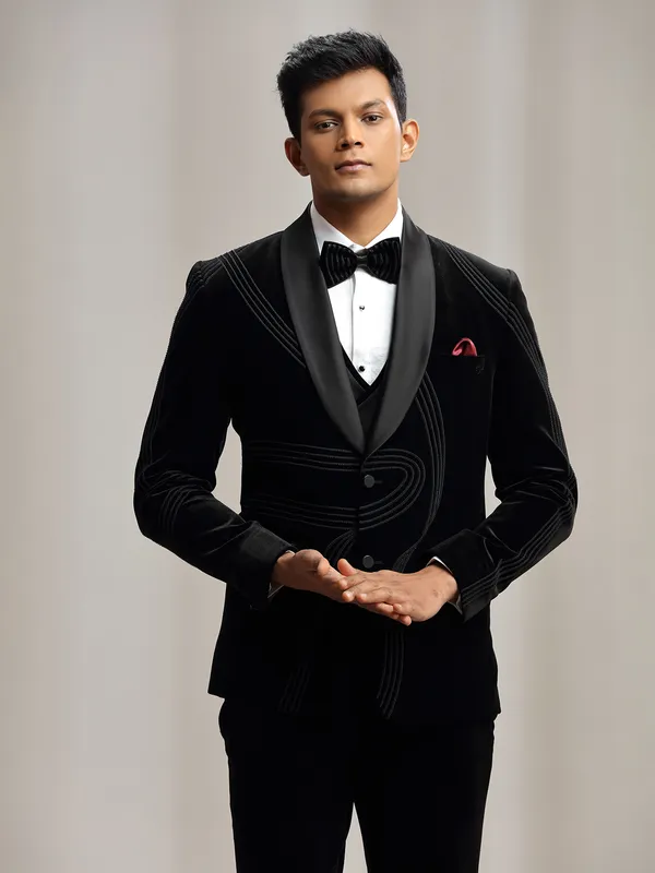 Black velvet coat suit with reception wear