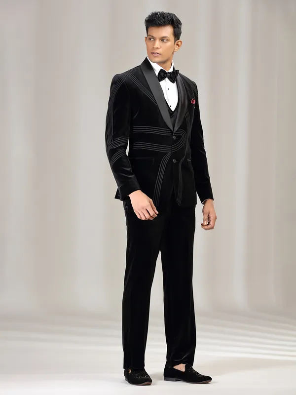 Black velvet coat suit with reception wear