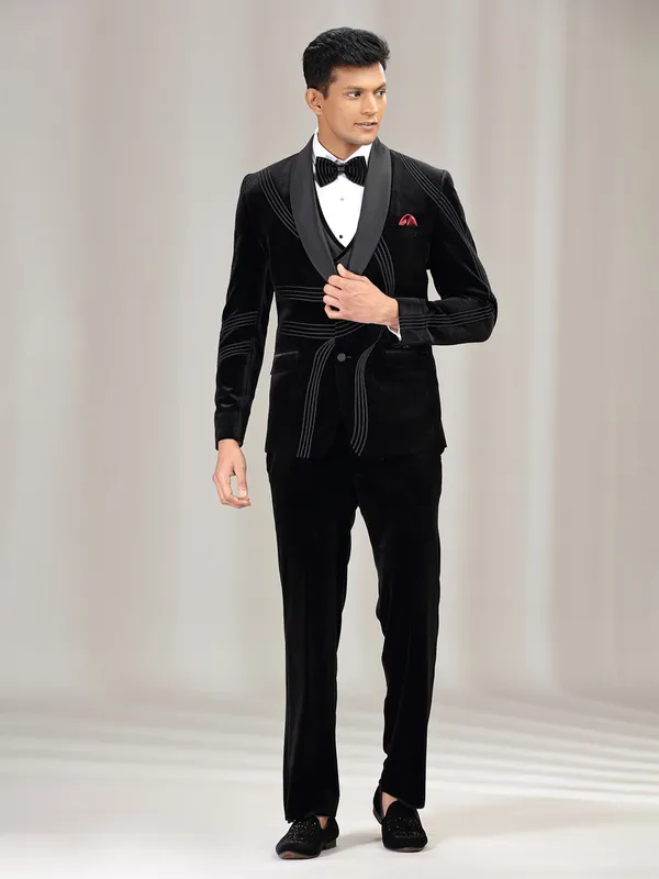 Black velvet coat suit with reception wear