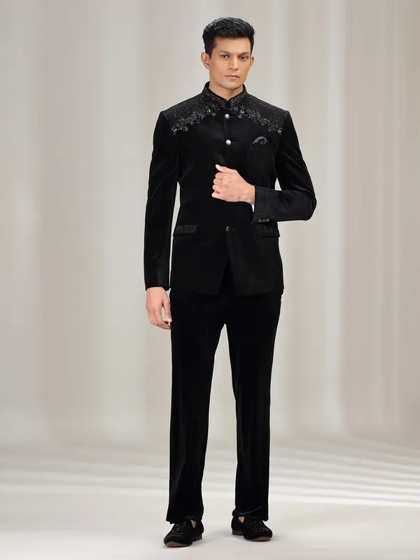 Black velvet jodhpuri suit for reception