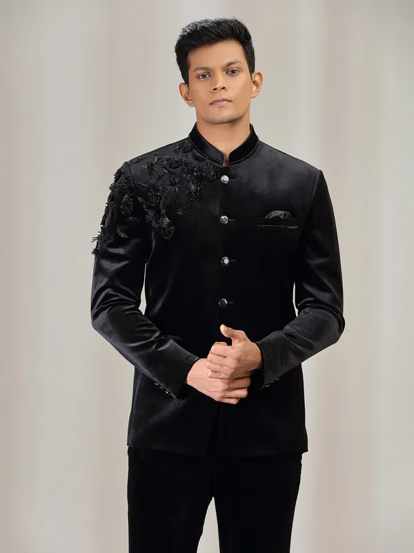 Black velvet jodhpuri suit with beads and cutdana work
