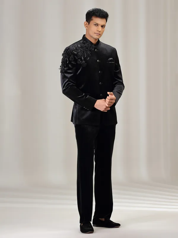 Black velvet jodhpuri suit with beads and cutdana work