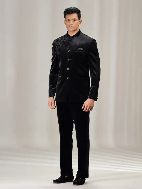 Black velvet jodhpuri suit with beads and cutdana work